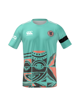 The Teamatical Armed Forces Okinawa Canterbury Men's Maka Reversible Jersey Regular features teal and coral Polynesian-inspired geometric patterns, a black armband, sponsor logos, and a circular badge on the left chest.