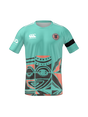The Teamatical Armed Forces Okinawa Canterbury Men's Maka Reversible Jersey Regular features teal and coral Polynesian-inspired geometric patterns, a black armband, sponsor logos, and a circular badge on the left chest.