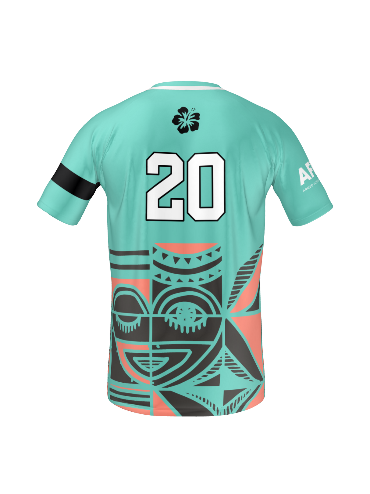 The Teamatical Armed Forces Okinawa Canterbury Men's Maka Reversible Jersey Regular features a teal design with a large number 20 on the back, black armband on the left sleeve, geometric and face graphics, and a white hibiscus flower near the collar.