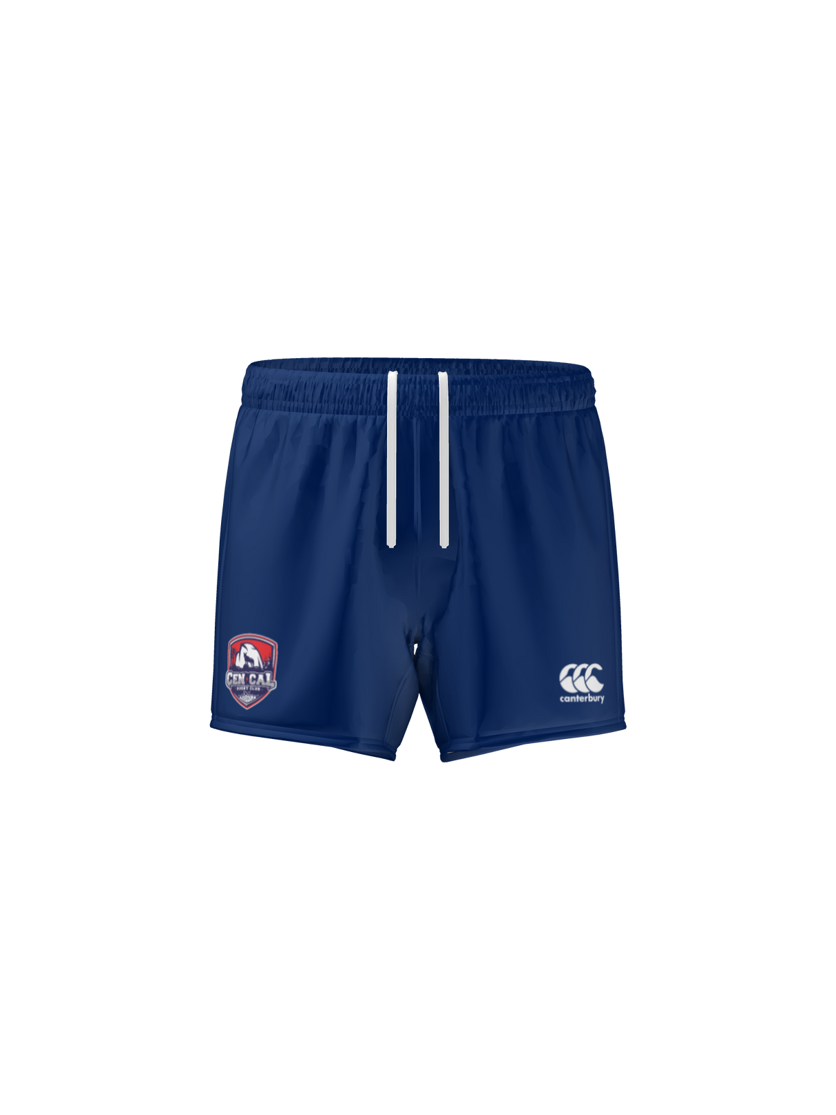 CenCal Rugby Canterbury Yokohama Match Short by Teamatical in blue, with white drawstrings, "One Ball Rugby" logo on the left leg and Canterbury logo on the right leg, shown against a white background.