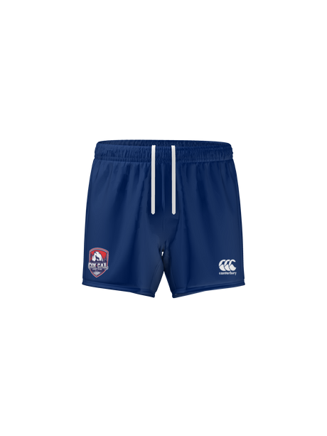 CenCal Rugby Canterbury Yokohama Match Short by Teamatical in blue, with white drawstrings, "One Ball Rugby" logo on the left leg and Canterbury logo on the right leg, shown against a white background.