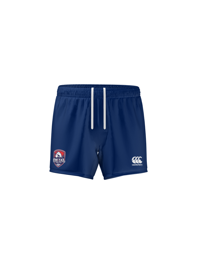 CenCal Rugby Canterbury Yokohama Match Short by Teamatical in blue, with white drawstrings, "One Ball Rugby" logo on the left leg and Canterbury logo on the right leg, shown against a white background.