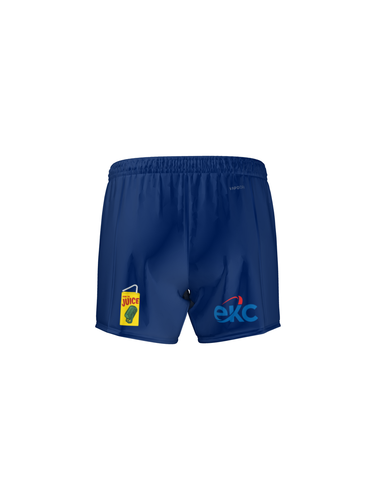 The Teamatical CenCal Rugby Canterbury Yokohama Match Short features blue athletic design, an elastic waistband, a yellow juice box graphic on the left, and a blue and red "EXC" logo on the right.