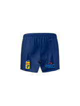 The Teamatical CenCal Rugby Canterbury Yokohama Match Short features blue athletic design, an elastic waistband, a yellow juice box graphic on the left, and a blue and red "EXC" logo on the right.