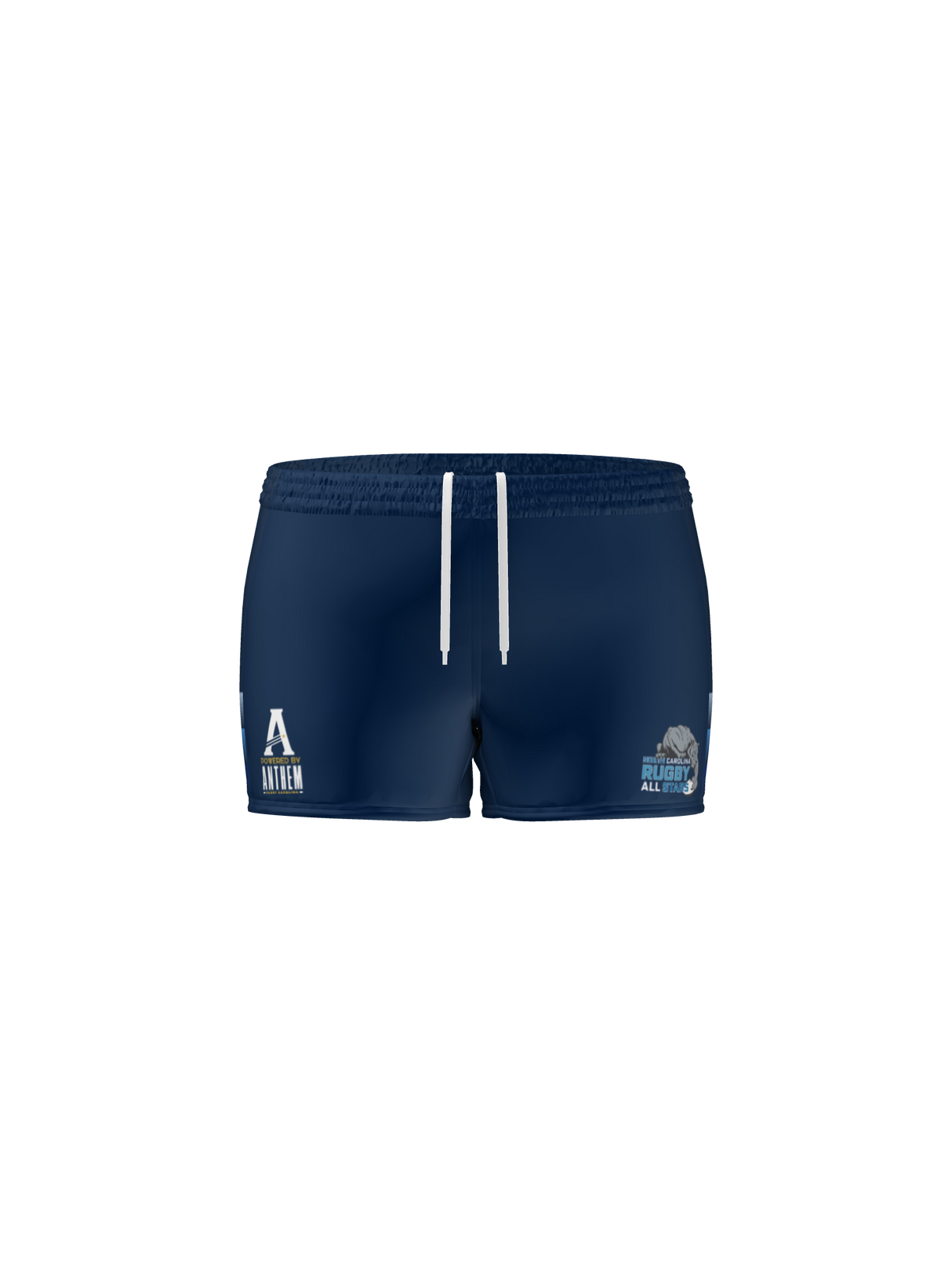 The Custom Canterbury Yokohama Shorts - Women's by Teamatical are navy blue athletic shorts with white drawstrings, featuring a white "A" logo on the left and a "Bulldogs All Access" logo on the right.