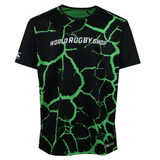 The Teamatical CANTERBURY REVERSIBLE SUBLIMATE SS TRAINING TEE for men features short sleeves, a green cracked sublimated pattern, and "WORLD RUGBY SHOP" printed in white across the chest.