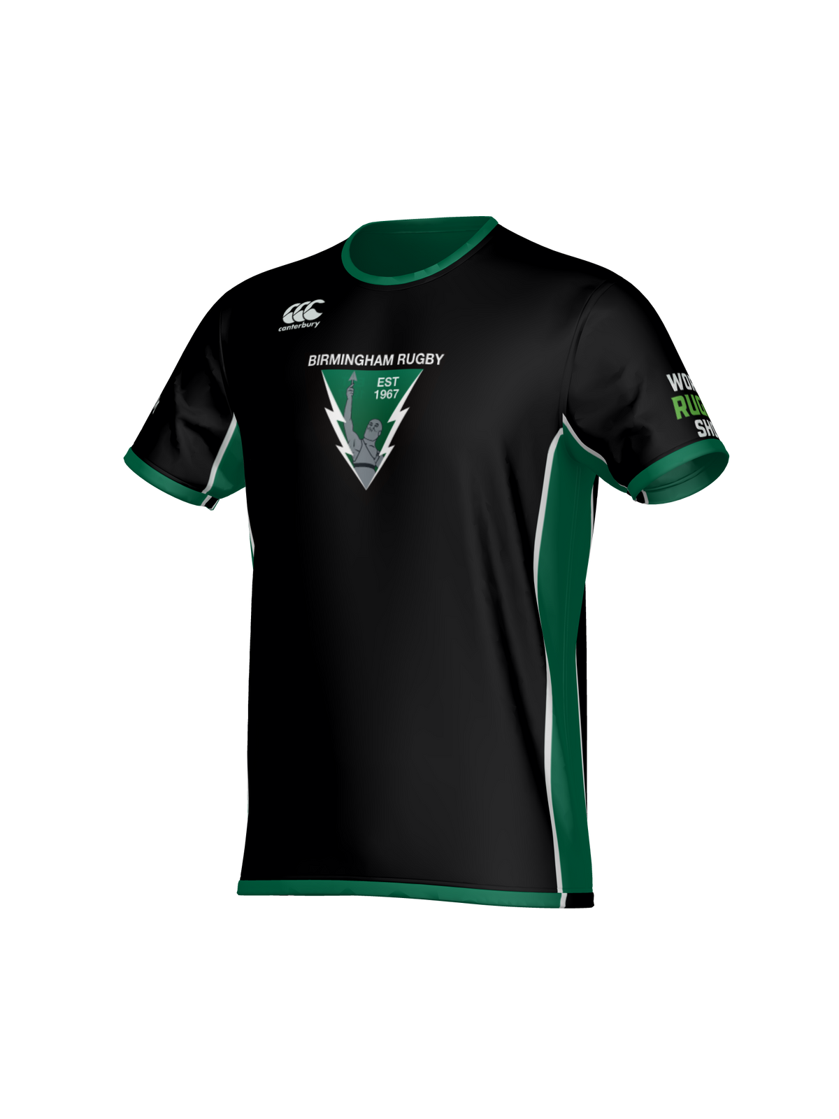Introducing the Birmingham Vulcans Reversible Training Shirt by Teamatical—a black and green rugby jersey featuring “Birmingham Rugby” and a crest on the front, the Canterbury logo on the shoulder, and “We Are Rugby Since 1987” on the sleeve. Designed as a lightweight training shirt, it also works perfectly as a practical team divider for practice sessions or matches.