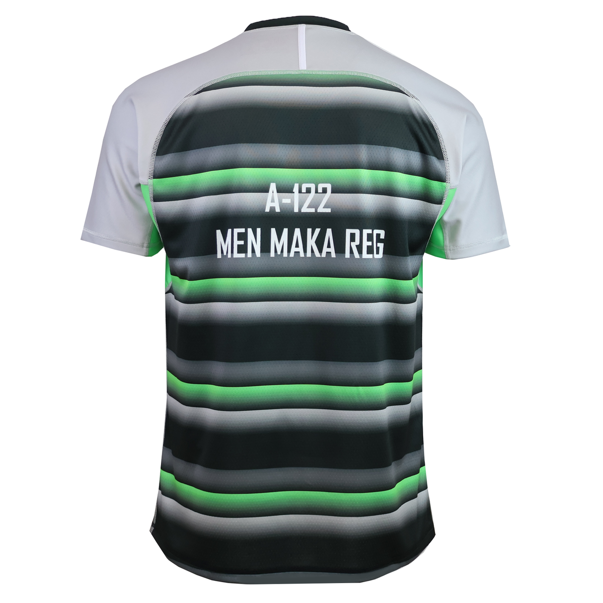 Back view of the Teamatical MENS CCC RAGLAN MAKA REGULAR SAMPLE JERSEY, featuring "A-122 MEN MAKA REG" in white on green and black horizontal stripes, with contrasting white sleeves.