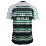 Back view of the Teamatical MENS CCC RAGLAN MAKA REGULAR SAMPLE JERSEY, featuring "A-122 MEN MAKA REG" in white on green and black horizontal stripes, with contrasting white sleeves.