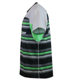 The MENS CCC RAGLAN MAKA REGULAR SAMPLE JERSEY by Teamatical is shown in a side profile view, featuring sleeveless design with black, grey, and green horizontal stripes, white shoulders, and green side panels.