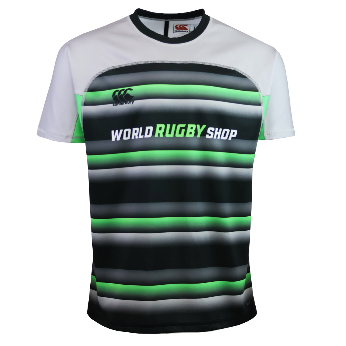 The Teamatical MENS CCC RAGLAN MAKA REGULAR SAMPLE JERSEY features short sleeves, a white upper section, black and gray horizontal stripes, green accents, and the "World Rugby Shop" logo on the front.