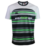 The Teamatical MENS CCC RAGLAN MAKA REGULAR SAMPLE JERSEY features short sleeves, a white upper section, black and gray horizontal stripes, green accents, and the "World Rugby Shop" logo on the front.