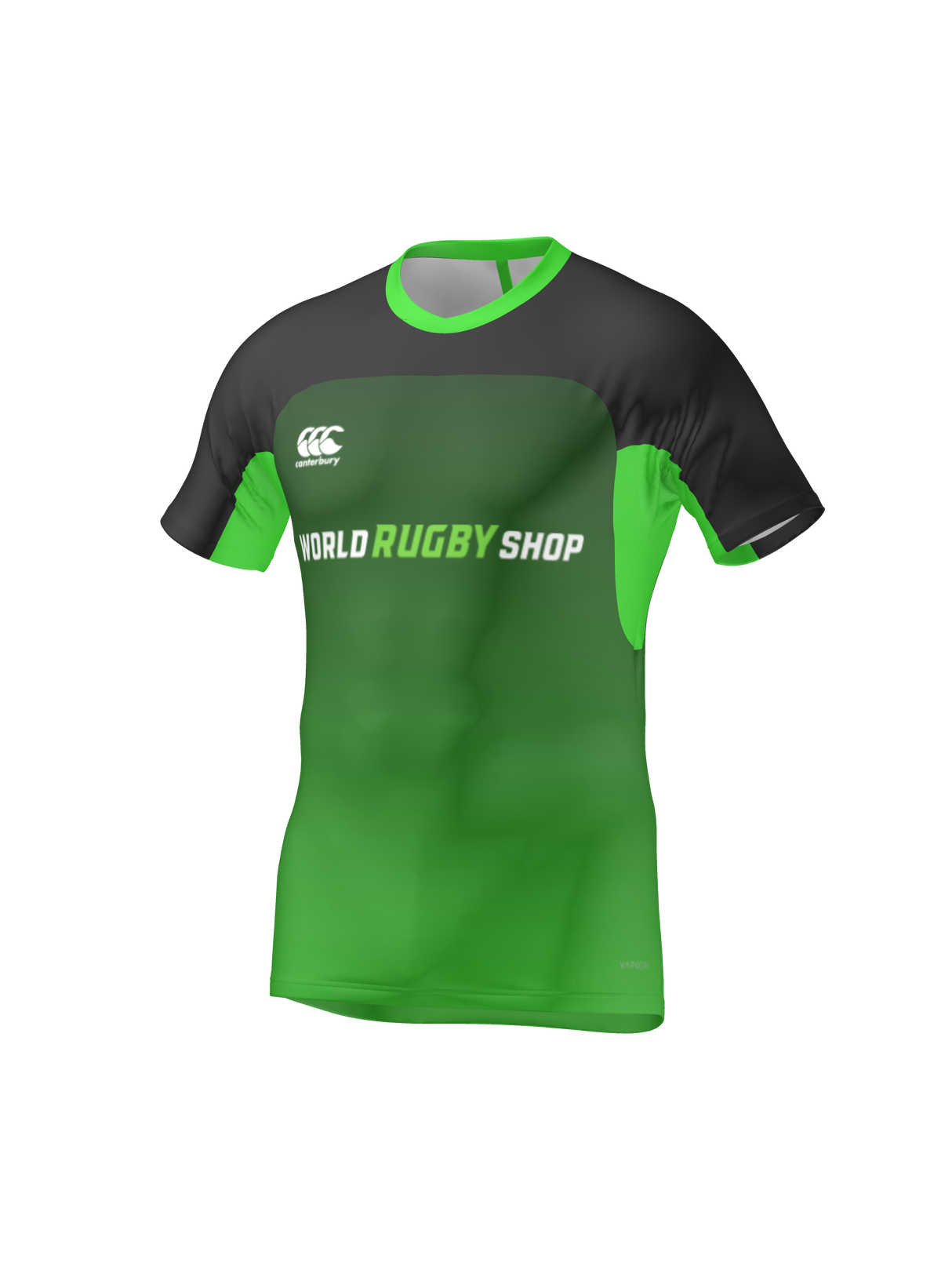 The Teamatical CANTERBURY MAKA COLLAR TEST JERSEY - MENS is a green and black short-sleeve rugby jersey featuring a Maka Collar and front "World Rugby Shop" and Canterbury logos.