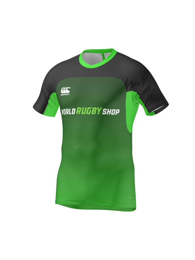 The Teamatical CANTERBURY MAKA COLLAR TEST JERSEY - MENS is a green and black short-sleeve rugby jersey featuring a Maka Collar and front "World Rugby Shop" and Canterbury logos.