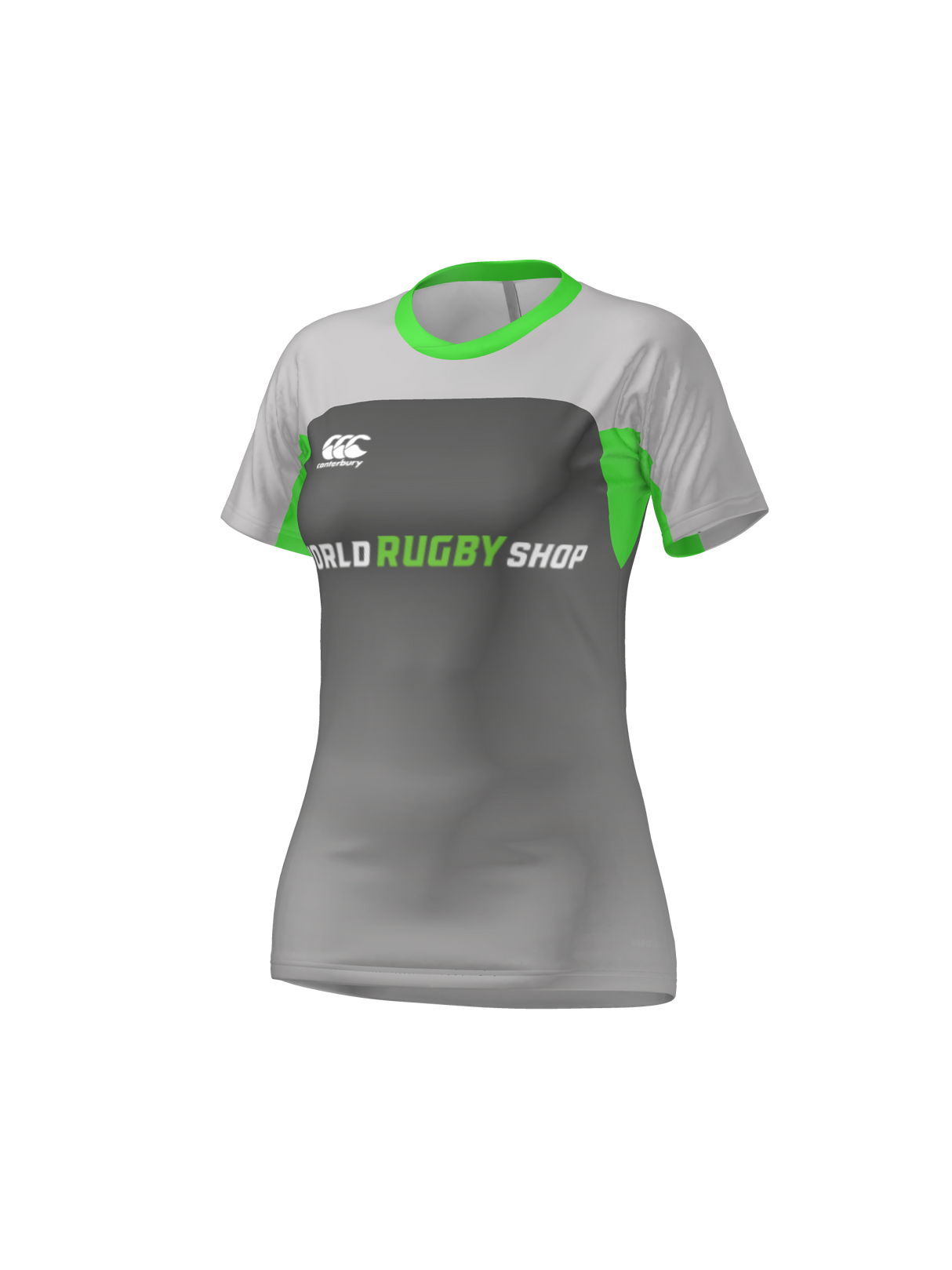 Gray and green CANTERBURY MAKA COLLAR TEST JERSEY - WOMENS by Teamatical featuring a small white chest logo, shown on a plain background.