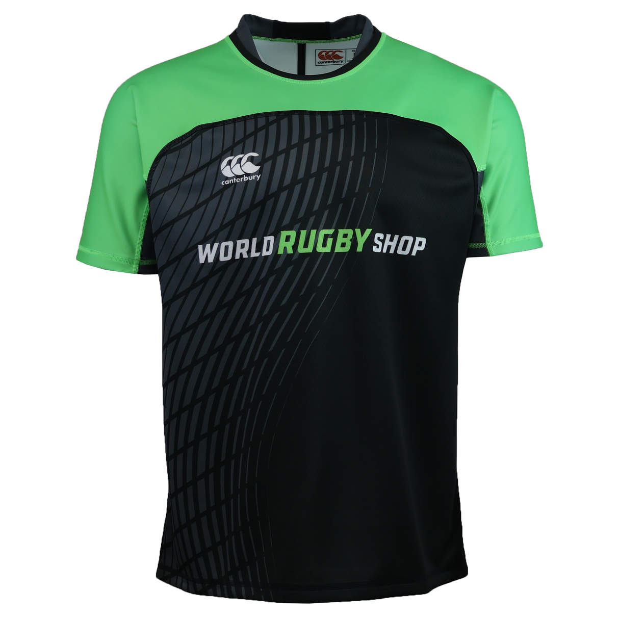 The Canterbury Elite Full Custom Sublimated Jersey - Mens by Teamatical features black and green short sleeves, a diagonal stripe pattern, "WORLD RUGBY SHOP" text on the front, and a Canterbury logo on the left chest.