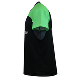 The Teamatical MENS RAGLAN RAIONA REGULAR SAMPLE JERSEY is a men's short-sleeve jersey with a black body and bright green shoulders, displayed from the side.