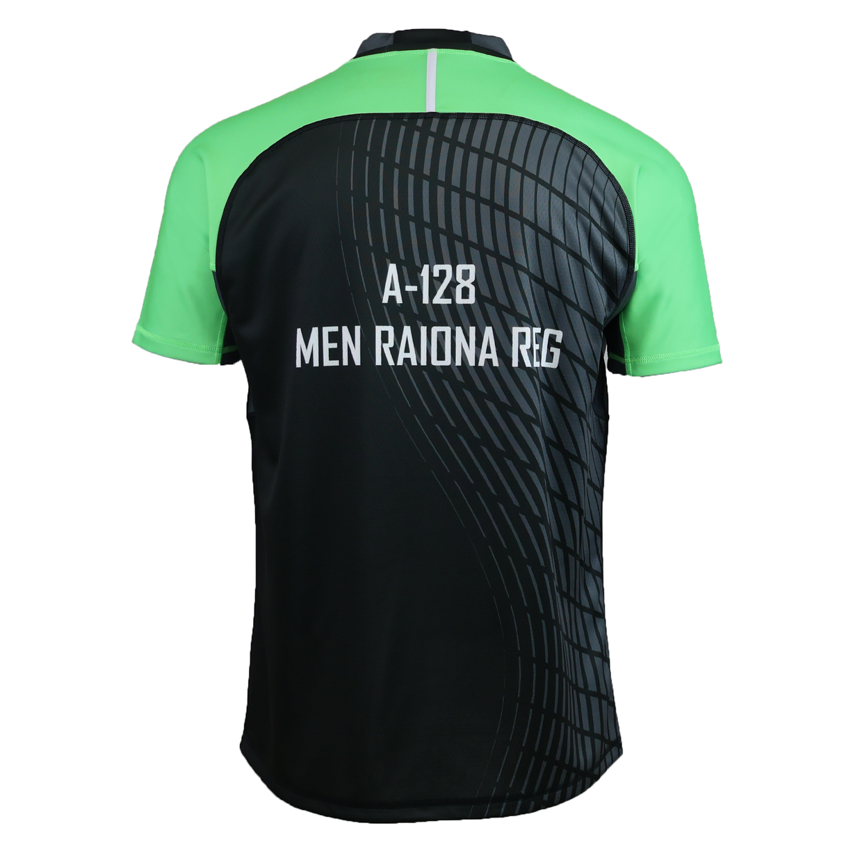 Back view of the Teamatical CANTERBURY RAIONA COLLAR TEST JERSEY - MENS, a short-sleeve athletic shirt with green sleeves, black body, and "A-128 MEN RAIONA REG" printed in white on the back.