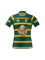 The Arkansas Gryphons Canterbury Raiona Test Jersey by Teamatical features green and yellow stripes, the "Goat Lab Brewery" logo on the front, plus additional logos on the sleeves and chest.