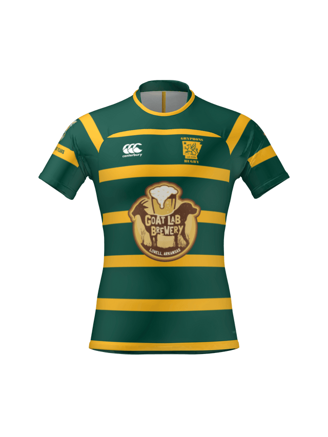 The Arkansas Gryphons Canterbury Raiona Test Jersey by Teamatical features green and yellow stripes, the "Goat Lab Brewery" logo on the front, plus additional logos on the sleeves and chest.