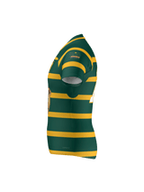 The Teamatical Arkansas Gryphons Canterbury Raiona Test Jersey features green fabric with yellow horizontal stripes, short sleeves, and a logo on the upper sleeve, displayed from the left side against a plain background.
