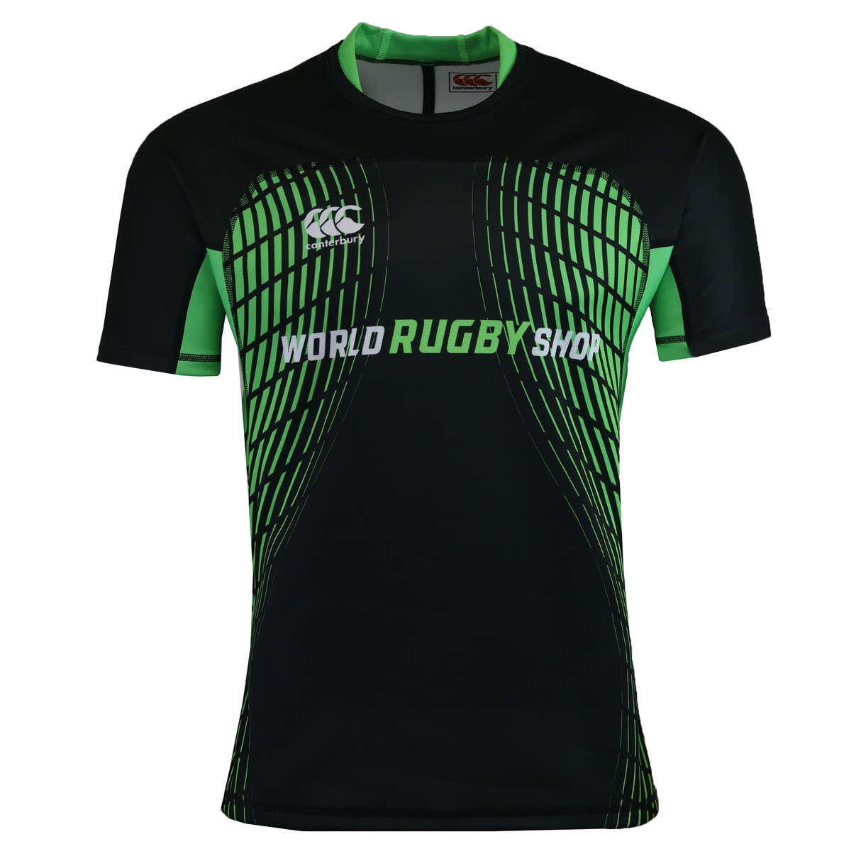The Canterbury Elite Full Custom Sublimated Jersey – Mens by Teamatical is a black and green short-sleeve rugby jersey featuring the "World Rugby Shop" and Canterbury logos on the front.
