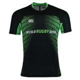 The Canterbury Elite Full Custom Sublimated Jersey – Mens by Teamatical is a black and green short-sleeve rugby jersey featuring the "World Rugby Shop" and Canterbury logos on the front.