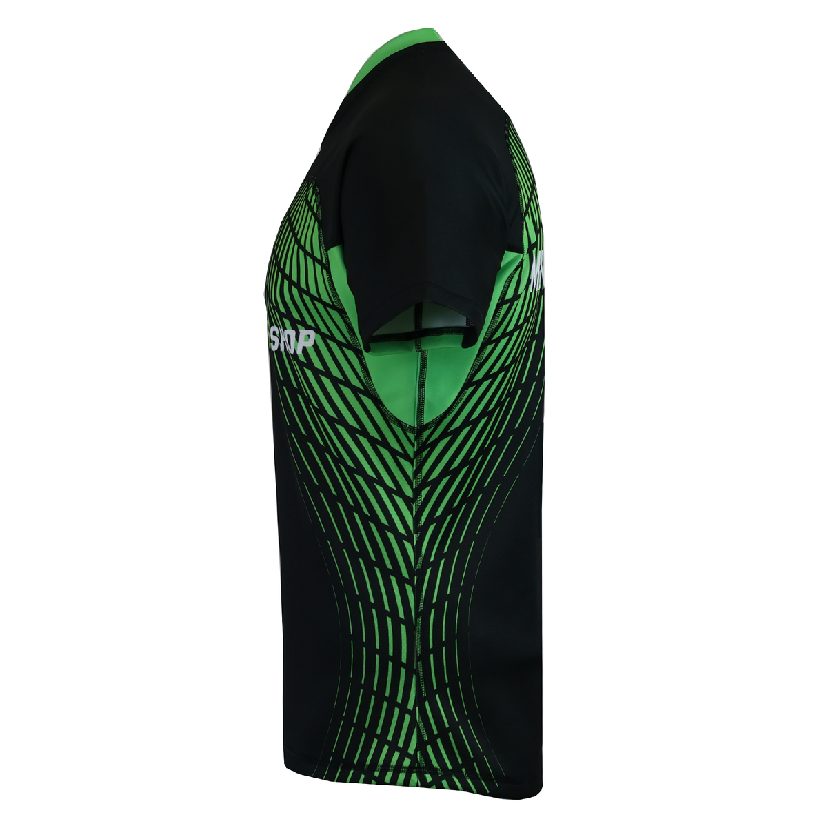 A MENS CCC RAGLAN RAIONA TEST SAMPLE JERSEY by Teamatical in black and green, short-sleeved, is shown on a mannequin from the side.