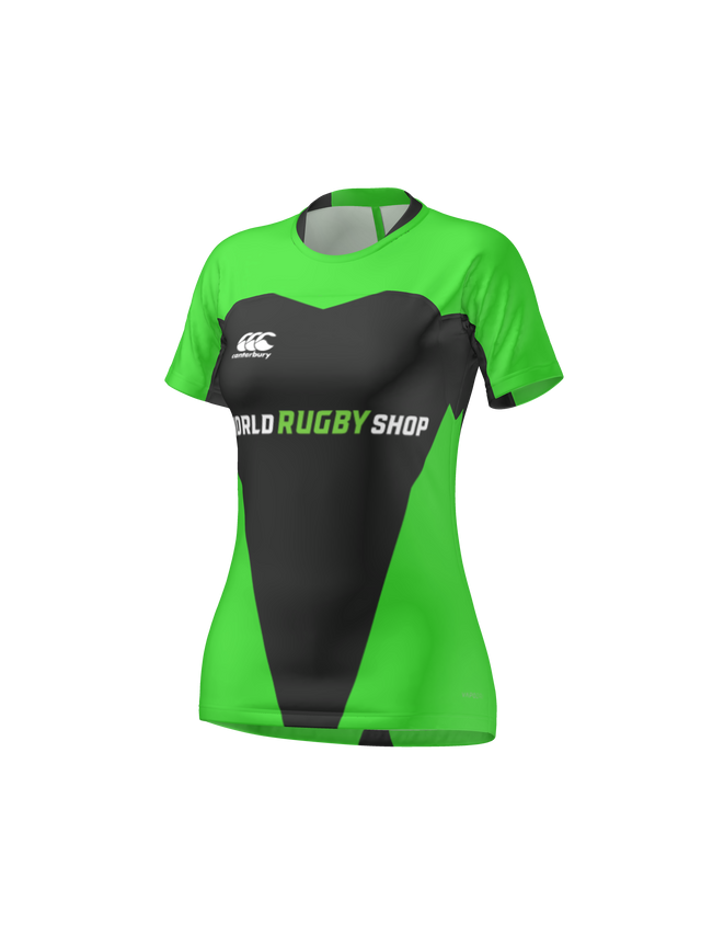 The Teamatical Canterbury Raiona Collar Test Jersey - Womens features short sleeves, a bold black geometric pattern on green, and "WORLD RUGBY SHOP" on the front—a stylish sample perfect for rugby fans.
