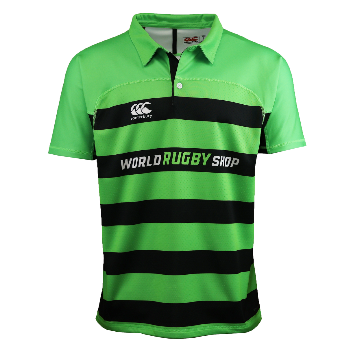 The MENS CCC RAGLAN KAHA REGULAR SAMPLE JERSEY by Teamatical is a men's rugby shirt with green and black stripes, a collar, and features "World Rugby Shop" text plus the Canterbury logo on the chest.