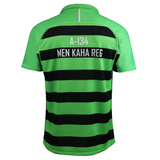 The Teamatical CANTERBURY KAHA COLLAR REGULAR JERSEY - MENS features green and black stripes plus "A-134" and "MEN KAHA REG" on the back, making it a bold sportswear choice for both on and off the field.