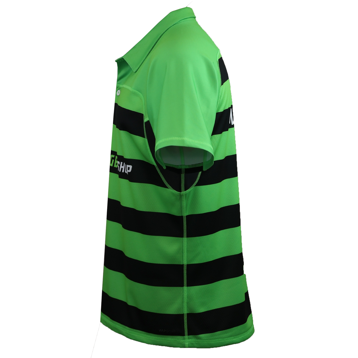 Side view of the Teamatical MENS CCC RAGLAN KAHA REGULAR SAMPLE JERSEY, a men's green and black short-sleeve jersey featuring horizontal stripes and raglan Kaha design.
