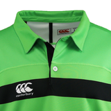 The Teamatical CANTERBURY KAHA COLLAR REGULAR JERSEY - MENS features a green design with a black horizontal stripe, buttoned collar, and chest logo—ideal for classic men's sportswear.