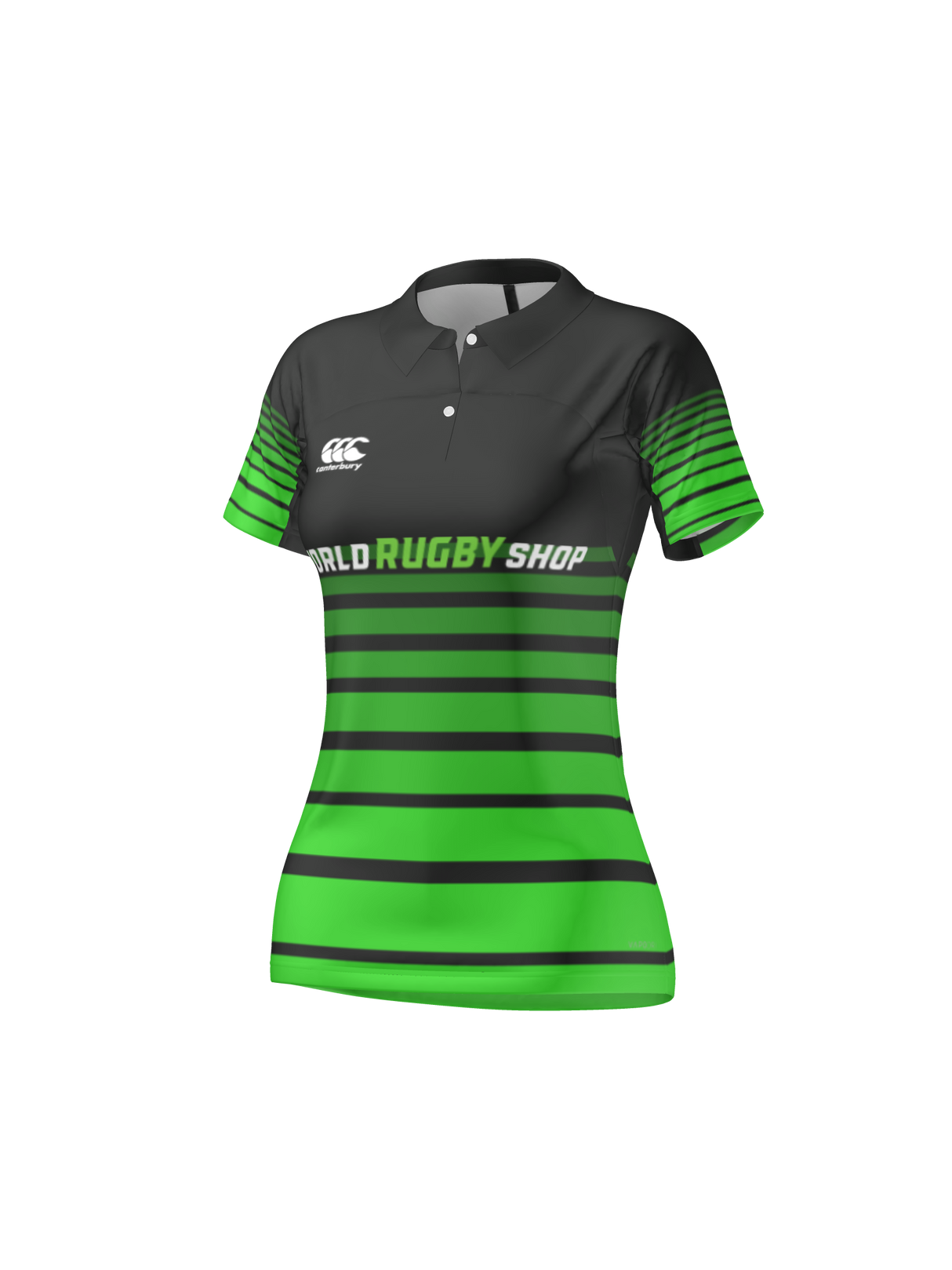 The Teamatical CANTERBURY KAHA COLLAR TEST JERSEY - WOMENS features black and green stripes, "WORLD RUGBY SHOP" text, and a white Canterbury logo on the chest.