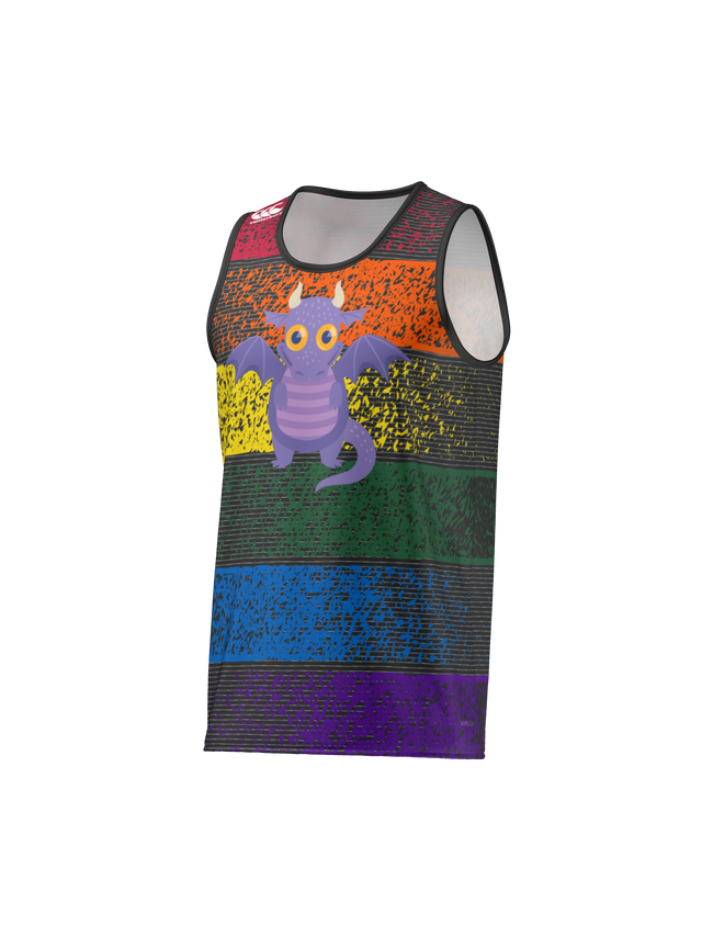 The Teamatical CANTERBURY ECO-SUBLIMATE SINGLET for men features rainbow horizontal stripes and a cartoon purple dragon on the front, made with eco-sublimate technology for vibrant, lasting color.