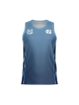 The Teamatical UNC Rugby Canterbury Performance Singlet is a sleeveless blue athletic jersey with two white chest logos and dark blue side panels, shown on a plain white background.