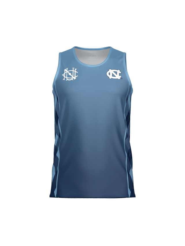 The Teamatical UNC Rugby Canterbury Performance Singlet is a sleeveless blue athletic jersey with two white chest logos and dark blue side panels, shown on a plain white background.