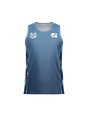 The Teamatical UNC Rugby Canterbury Performance Singlet is a sleeveless blue athletic jersey with two white chest logos and dark blue side panels, shown on a plain white background.