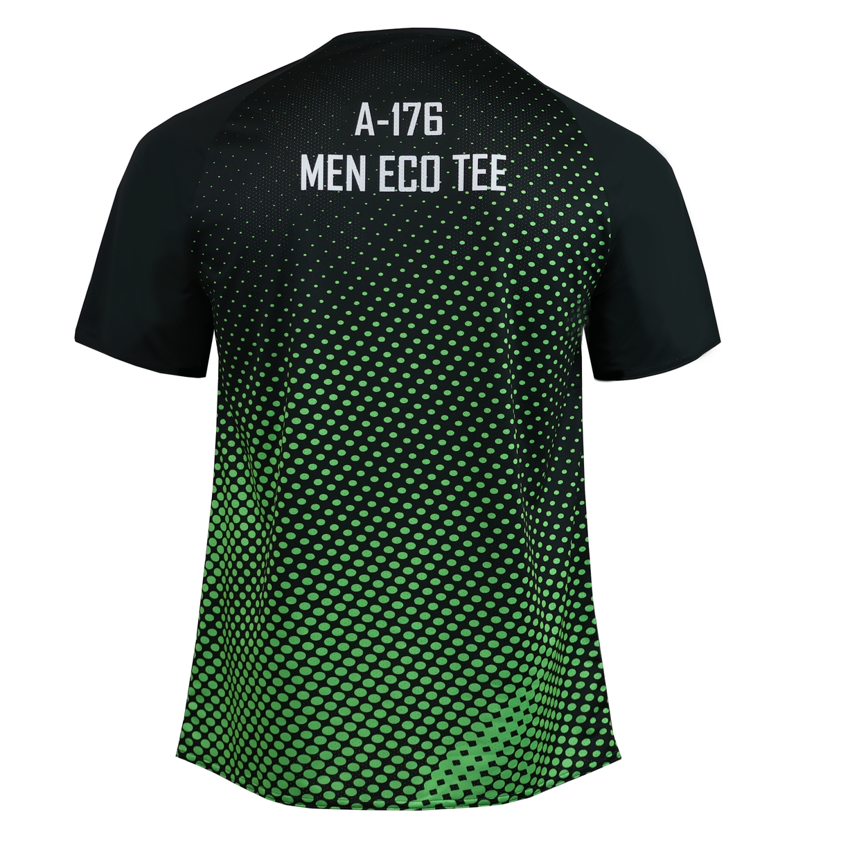 Back view of a black CANTERBURY ECO SUBLIMATE SS RAGLAN TEE - MENS by Teamatical, with green dot gradient pattern and "A-176 MEN ECO TEE" in white on the upper back, made from moisture-wicking fabric for all-day comfort.
