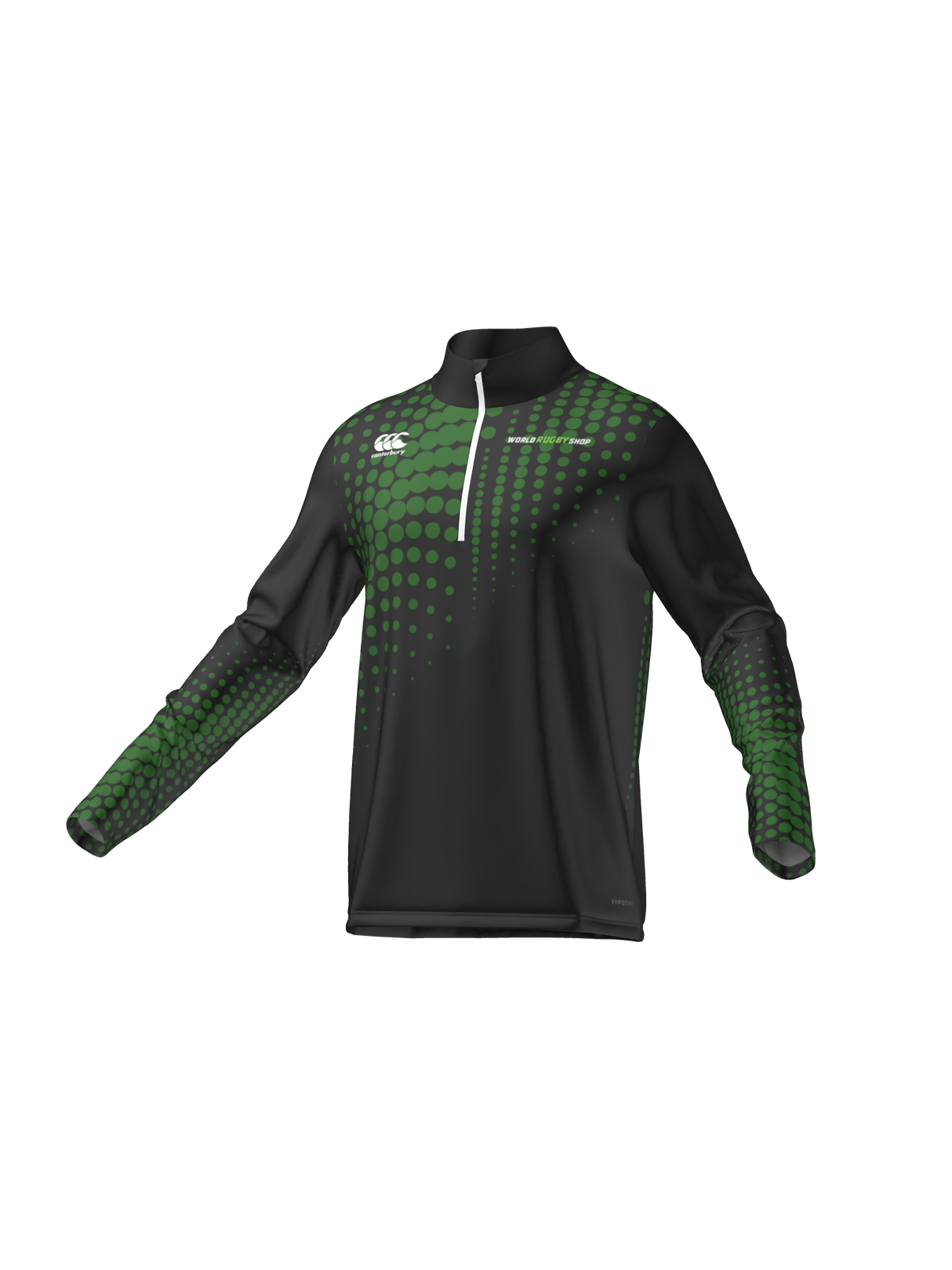 The Teamatical Canterbury Eco-Sublimate Mid-Layer Q-Zip for men features a black and green design, hexagonal pattern, chest logo, and quarter-zip front, offering comfort and style for workouts.