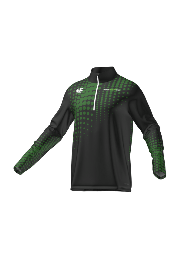 The Teamatical Canterbury Eco-Sublimate Mid-Layer Q-Zip for men features a black and green design, hexagonal pattern, chest logo, and quarter-zip front, offering comfort and style for workouts.