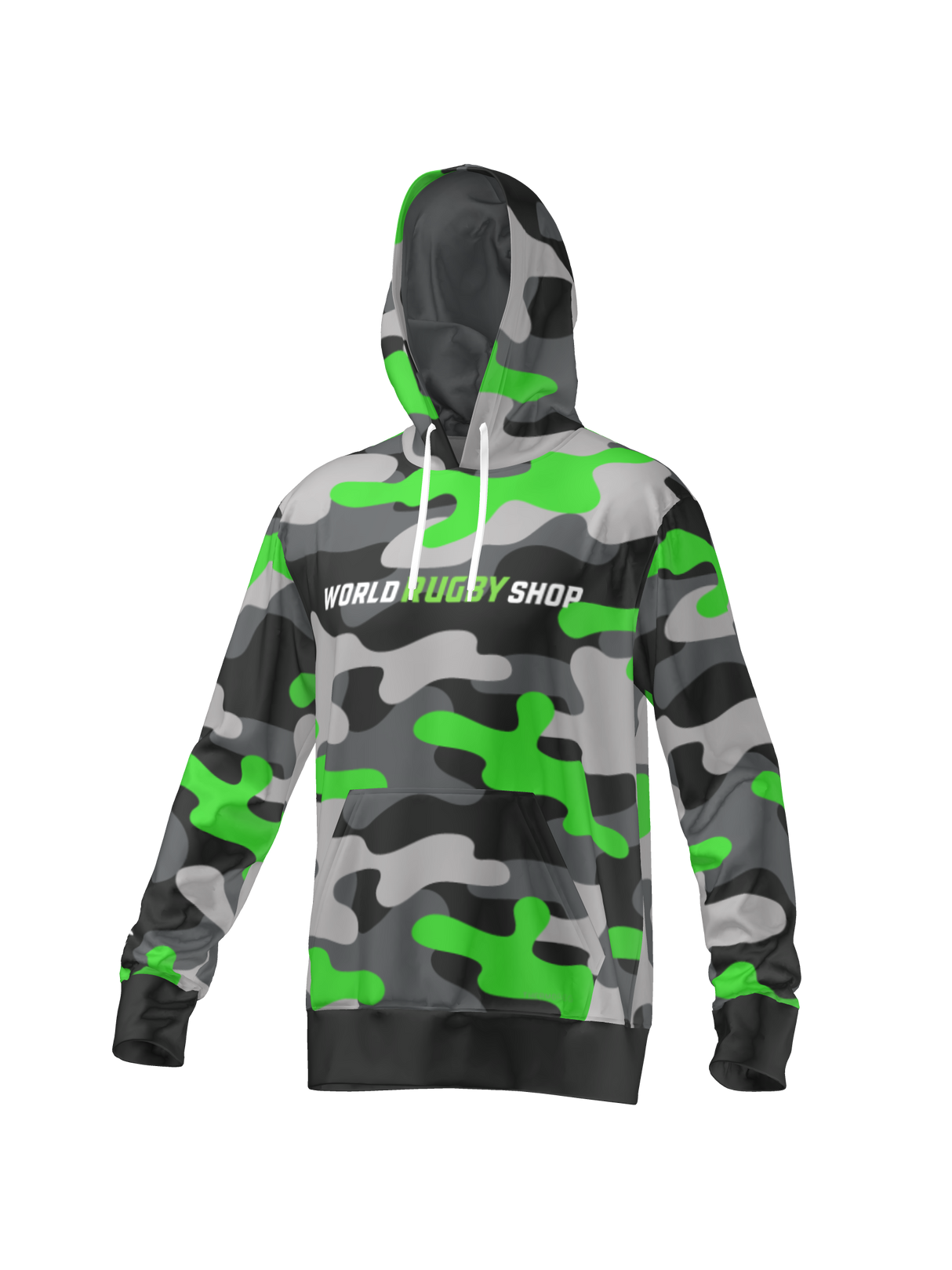 The Teamatical Canterbury Mid-Layer Sublimate Hoodie for men features a green, black, white, and gray camo pattern with "WORLD RUGBY SHOP" on the front—perfect for rugby fans.