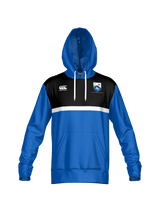 The Las Colinas Canterbury Performance Hoody by Teamatical features blue and black colors, a white horizontal stripe, kangaroo pocket, and embroidered chest logos.