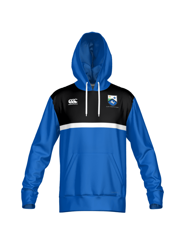 The Las Colinas Canterbury Performance Hoody by Teamatical features blue and black colors, a white horizontal stripe, kangaroo pocket, and embroidered chest logos.