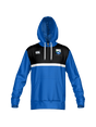 The Las Colinas Canterbury Performance Hoody by Teamatical features blue and black colors, a white horizontal stripe, kangaroo pocket, and embroidered chest logos.