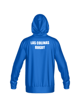 The Teamatical Las Colinas Canterbury Performance Hoody in blue is shown from the back, featuring white "LAS COLINAS RUGBY" text.