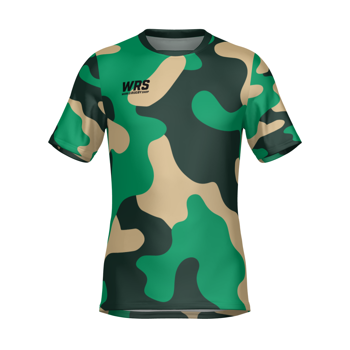 The Teamatical WRS MENS PRO JERSEY - CAMO is a short-sleeve t-shirt featuring a green, beige, and black camouflage pattern with a "WRS" logo on the left chest.