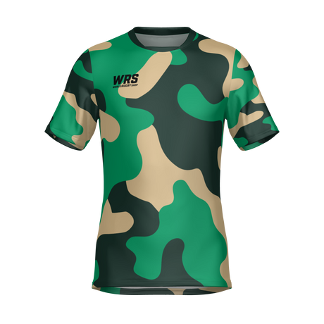The Teamatical WRS MENS PRO JERSEY - CAMO is a short-sleeve t-shirt featuring a green, beige, and black camouflage pattern with a "WRS" logo on the left chest.