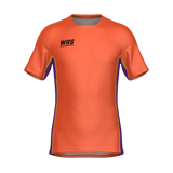 The Teamatical WRS MENS PRO JERSEY - CLEAN is an orange short-sleeve athletic shirt with purple side panels and "WRS WORLD RACER STOP" in black on the upper left chest.