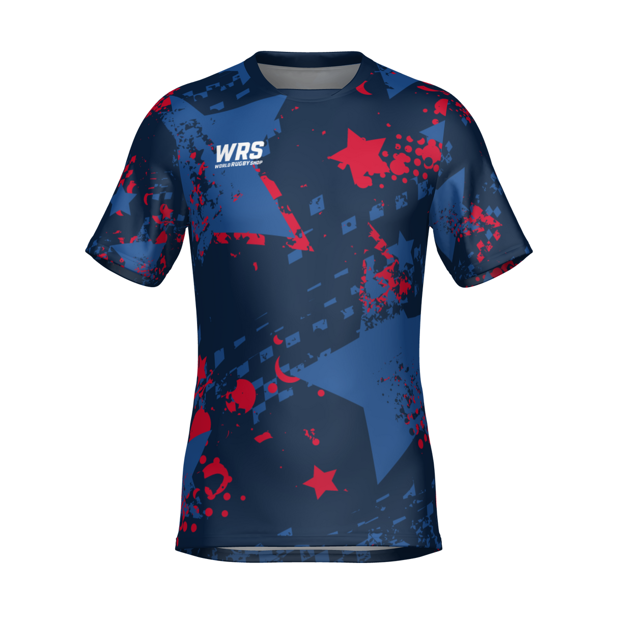 The Teamatical WRS MENS PRO JERSEY - PUNK STAR is a navy blue short-sleeve athletic shirt with a red star, paint splatter design, and "WRS" logo on the upper left chest.